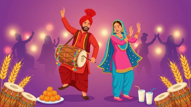 Happy baisakhi festival illustration showing two figures one with a drum and one in a blue costume against a purple backdrop with lights