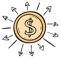 Drawn dollar coin with outward radiating arrows symbolizing financial growth or distribution