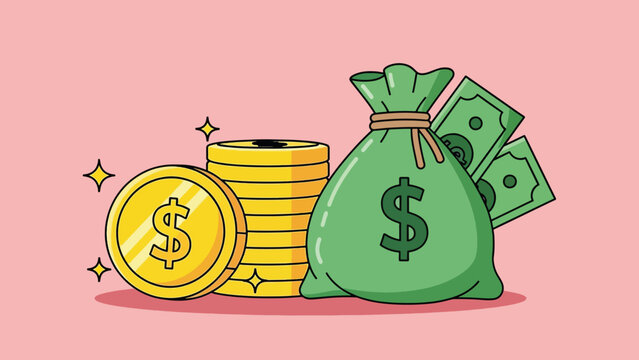 Cartoon green money bag dollar bills and shining gold coins stack.