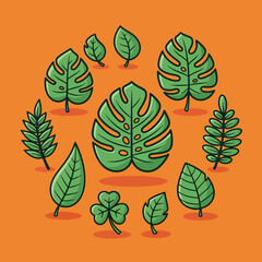 Fototapeta premium Collection of various green tropical and botanical leaves illustration.