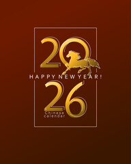 Running Horse. 2026. Chinese calendar. Year of the Horse. Vertical greeting card with gold numbers 