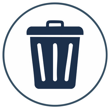 Trash can icon inside a circle shape. Bin graphic in dark blue on a white background