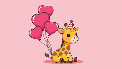Cute cartoon baby giraffe wearing a party hat holding pink heart balloons.