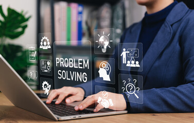 Problem solving strategy concept. Businesswoman using laptop and virtual icon for analysis, teamwork, ideas, checklist, troubleshooting, solutions to boost productivity and decision making in business