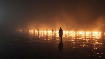 Fototapeta premium person standing at the edge of a glowing abyss, gazing into infinite reflections of self, exploring subconscious depth, cinematic surrealism, 