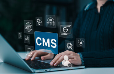 Woman working on laptop with CMS - Content Management System interface icons, representing website management, coding, cloud technology, workflow tools and digital security for web development concept
