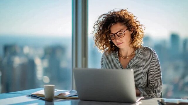 Focused Work: A woman, bathed in natural light, immersed in her work, sitting at a desk with a laptop, the cityscape visible through the expansive window.