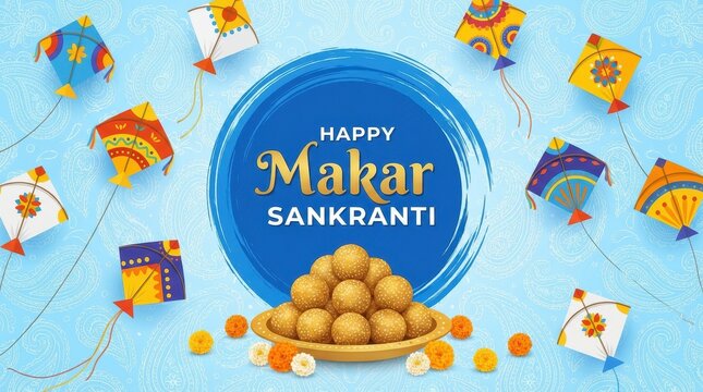 Happy makar sankranti featuring a central blue circle with text and various cartoon animal characters scattered around it