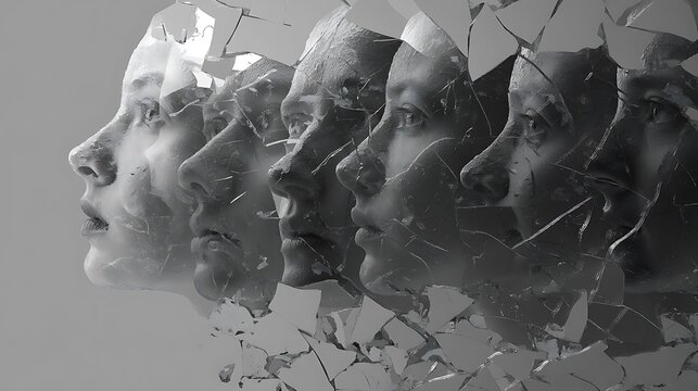 human silhouette breaking through a glass mirror that reflects distorted faces, symbolizing overcoming inner fear, surreal realism, 