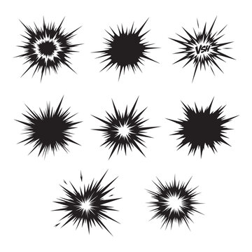Set of 8 abstract explosion burst shapes in sharp starburst silhouette style vector illustration