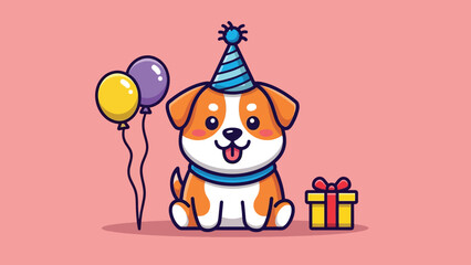 Cute cartoon dog celebrating birthday with party hat balloons and gift illustration.