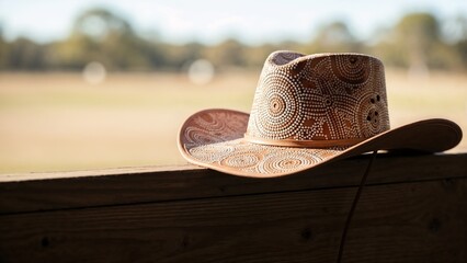 Australian Dandi' ranch life featuring cowboy 
hat with Aboriginal design on a fence, rural background, copy space