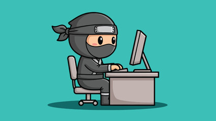 Cute Cartoon Ninja Character Working on Computer at Desk. © NFS Studio