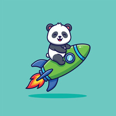 Cute cartoon panda character riding a vibrant green rocket flying upwards.