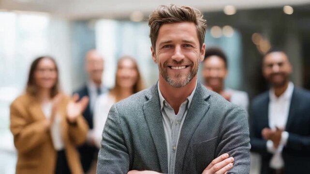 Confident Leadership: A smiling leader, radiating poise and confidence, stands in the forefront with his supportive team, a vision of collaboration and success.