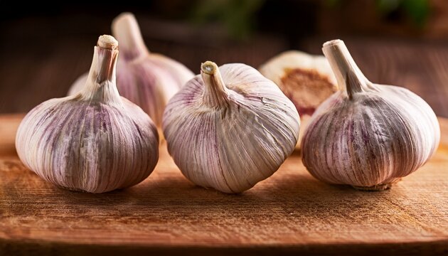 fresh garlic bulbs on a wooden board - Powered by Adobe