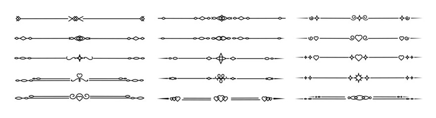 Set of ornamental vintage lines and dividers with heart details. Elegant separators and borders for invitations, quotes and typography design. Vector.