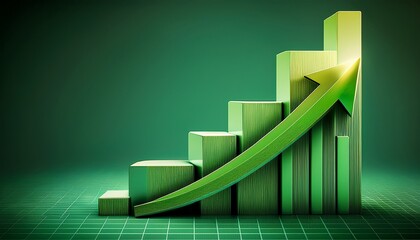 rising green bar chart with quarter blocks and upward arrow symbolizing business growth and success