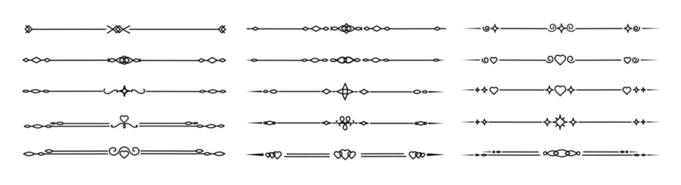 Set of ornamental vintage lines and dividers with heart details. Elegant separators and borders for invitations, quotes and typography design. Vector.