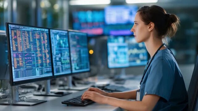 Dedicated Analyst: A focused analyst immersed in a tech-filled workspace, monitoring complex data streams on multiple screens. Capturing focus, diligence, and digital expertise.