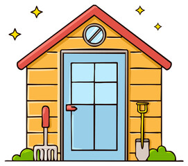 Cartoon style garden shed with yellow walls red roof and a blue door featuring gardening tools