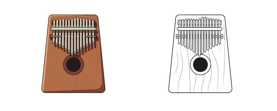 African kalimba musical instrument in colored and line art styles in brown and white colors representing ethnic music and percussion equipment