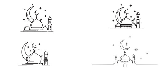 Obraz premium simple muslim worship scene line art with crescent moon minimal islamic illustration set in black on white for religious and cultural designs