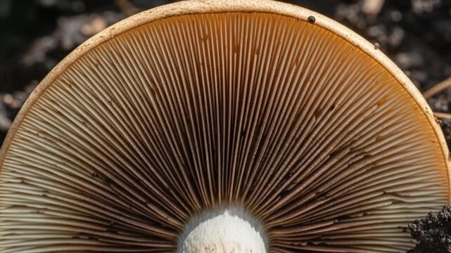 Close-up of Mushroom Gills Showing Fine Detail and Texture of Fungi Spore Surface