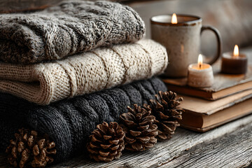 Stylish flat lay of cozy autumn and winter essentials on rustic wooden background.