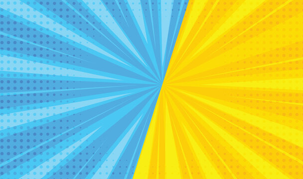 Dynamic Blue vs Yellow Comic Book Radial Burst Background with Halftone Dots , comic background.