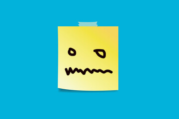Angry faces drawn on sticky notes.