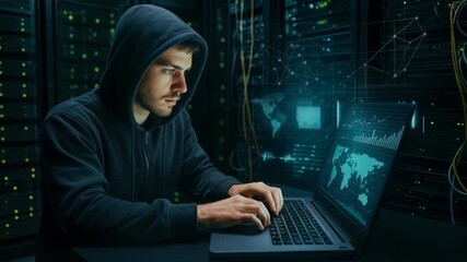 Technician typing on laptop with holographic data interface showing world maps and analytics. Young male focused on encrypted network analysis. Static lockdown shot with blue neon lighting effects. - Powered by Adobe