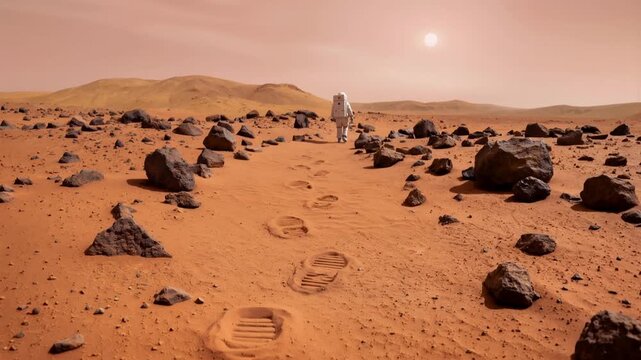 Spacesuit clad explorer walking across a barren, rocky Mars surface. Footprints mark the path of discovery on a distant world. Lockdown shot.