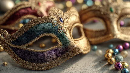 Vibrant Mardi Gras scene with colorful beads and fresh tomatoes being sliced