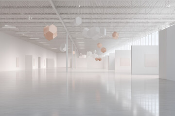 Minimalist Art Installation with Hanging Spheres in Bright Gallery Interior