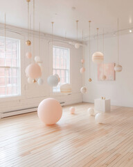 Minimalist Art Installation with Hanging Spheres in Bright Gallery Interior