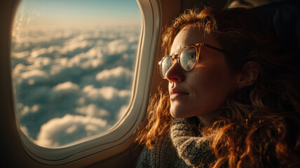 Passenger gazes at swirling clouds from the window of a high-flying airplane