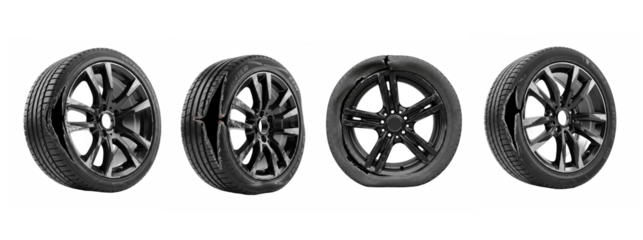 Set Of Punctured black car wheel or Flat tire isolated on white background, Car wheel PNG
