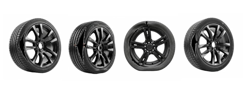 Set Of Punctured black car wheel or Flat tire isolated on white background, Car wheel PNG - Powered by Adobe
