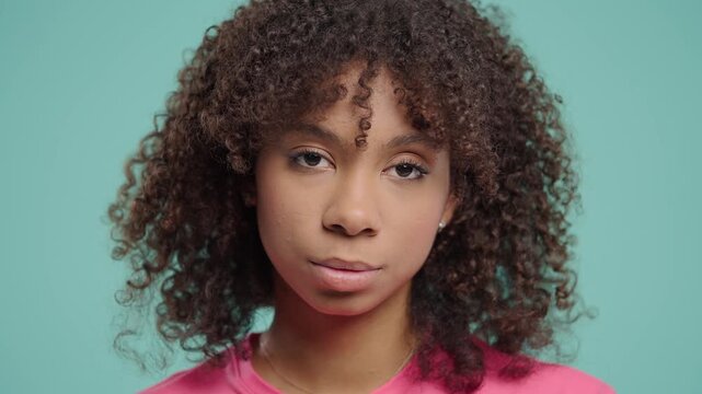 Bored Upset Woman Sighs, Rolling Eyes On Blue. Offended tired Lady, Come On.