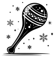Musical maraca decorated with festive patterns surrounded by winter snowflakes and sparkling stars