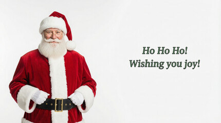 Santa Claus on white background with Ho Ho Ho greeting text, wide Christmas banner