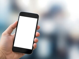Hand holding a smartphone with a blank screen in a blurred urban environment