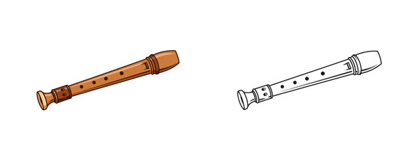 Recorder flutes in cartoon style with brown and white colors represent wind musical instruments for education and hobby © Dzianis