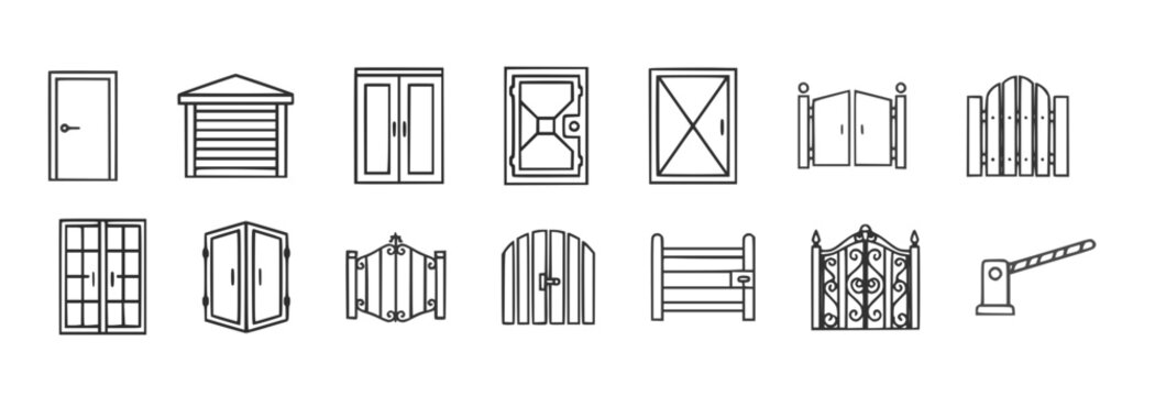 Door and gate  outline  icon set with multiple styles of wooden and metal doors fences and entrances , architectural elements neatly arranged, Concept of home security, architecture and access
