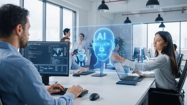 Office workers collaborating with holographic artificial intelligence interface. Digital transformation and future technology integration in modern corporate workplace. Lockdown wide shot.