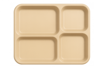 Empty beige food tray with multiple compartments, ready for serving or packing meals, transparent background