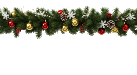 hyper-realistic christmas garland border with emerald fir branches, frosted pine cones, and metallic gold baubles against a crisp white studio backdrop. concept for commercial holiday advertising