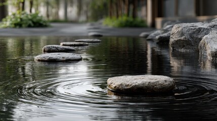 Fototapeta premium A close-up of rocks in the water, with waves around them and some greenery, creating an atmosphere of tranquility. The rocks stand at different heights to create steps for walking through the pond. 