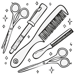 Outline Style Hairdressing Equipment Arrangement Featuring Combs and Scissors